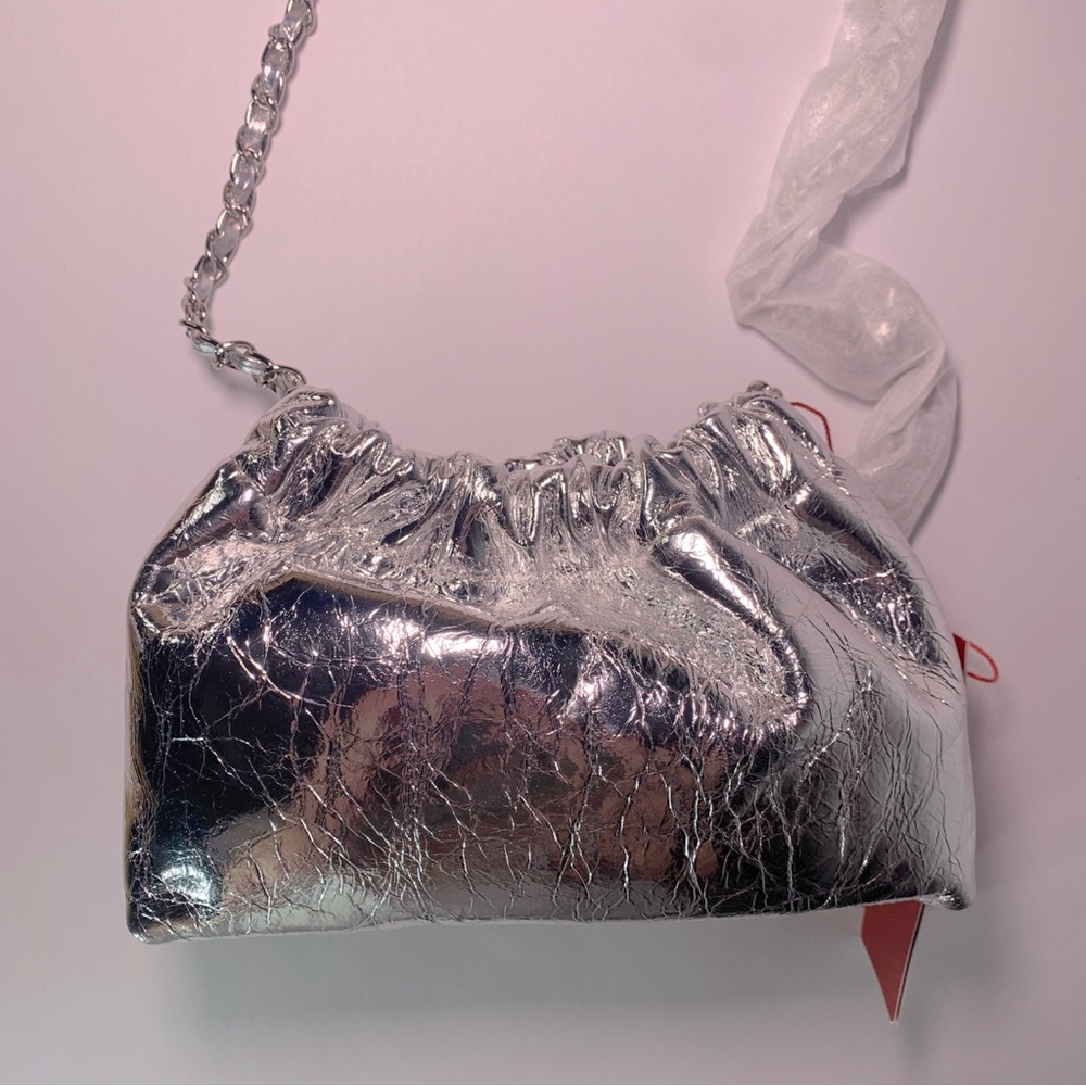 NEW Shiny Silver Purse Crossbody Long Strap Dumpling Gray Leather Club Outfit